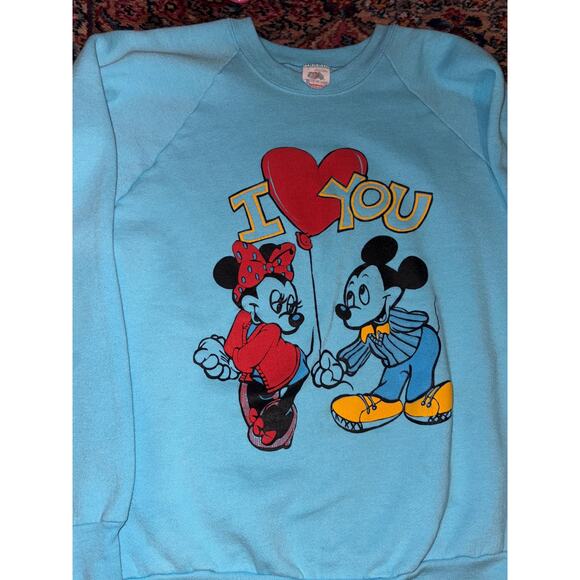 Vintage Disney Mickey & Minnie Mouse Blue Raglan Sweatshirt: I Love You Graphic - Picture 3 of 4